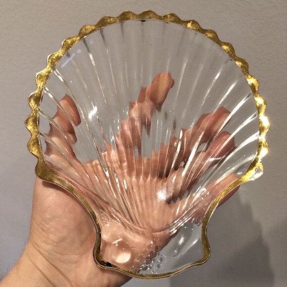 🌷2/35🌷Vntg Seashell Crystal Glass Trinket Dish 18k Gold Rim with Fruits Grapes - Picture 10 of 16
